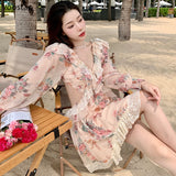 Anokhinaliza Elegant V-Neck Floral Dress Women Sweet Long Sleeve Lace Ruffles Party Mini Dresses Female Sexy Backless Beach Vestidos Autumn