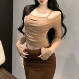 Anokhinaliza Korean Pleated Solid Color All Match Long-sleeved T-shirt Women 2024 Autumn New High Street Fashion Sexy Slim Crop Tops