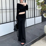 Anokhinaliza Vintage Korean Retro High Street Side Pleated Fishtail Long Skirt + Irregular T-shirt Suit 2 Pieces Sets Y2k Suit