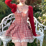 Anokhinaliza  Vintage Sweet Red Plaid Dress for Women Kawaii Elegant French Style Bow Lace Party Mini Dress Retro Lolita Pleated Dress