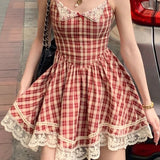 Anokhinaliza  Vintage Sweet Red Plaid Dress for Women Kawaii Elegant French Style Bow Lace Party Mini Dress Retro Lolita Pleated Dress