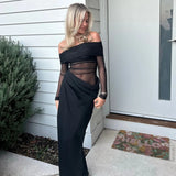 Anokhinaliza Y2k Summer New Solid Color Long Sleeve Off Shoulder Dresses Sexy Wrap Hip Mesh See Through Ruched Patchwork Long Dress 2024 New