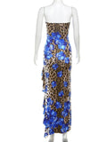 Anokhinaliza Woman Clothes Strapless Blue Floral Dresses Fashion Sexy Leopard Printed High Slit Ruffles Sleeveless Long Evening Party Dress