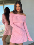 Anokhinaliza Pink Slash Neck Bodycon Dress For Women Clothing High Waist Streetwear Long Sleeve Vestidos Elegantes Para Mujer Fashion Outfits