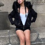 Anokhinaliza Goth Dark Faux Fur Collar Hooded Zip Up Hoodies Gothic Grunge Pockets Autumn Black Jackets Female Y2k Streetwear egirl Cardigans