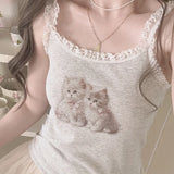 Anokhinaliza Cute Crop Tops for Sweet Girls Summer Lace Trim Two Cats Print Cropped Camis Kawaii Clothes