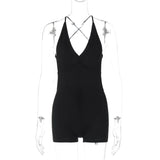 Anokhinaliza Black V Neck Slips Backless Sexy Bodycon Skinny One Piece Playsuit 2024 Spring Women Fashion Romper Beach Vacation Club