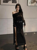 Anokhinaliza Elegant Sexy Bodycon Mesh Dress Women Party Prom Split with Belt Black Vintage Y2k Lace Maxi Dresses Female Streetwear