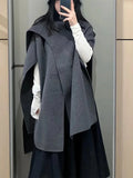 Anokhinaliza Fashion Retro Grey Women's Cloak Coat Casual Loose Round Neck Sleeveless Cardigan Coats Women Elegant Solid Color Outerwears