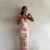 Anokhinaliza Elegant Floral Print Long Maxi Dress Sleeveless Slim Fit Spaghetti Suspended Sexy Strap Party Wear Wedding Guest