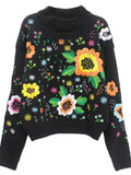 Anokhinaliza Vintage Womens Clothing Embroidered Floral Pullover Black Sweater Women Loose O Neck Knitwears Tops Fashion Sueter Mujer