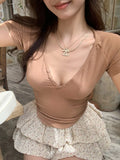 Anokhinaliza Summer New Korean V-neck Button Sexy Short-sleeved T-shirt Women + Floral Print Pleated Casual A-line Skirt Two-piece Suit