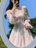 Anokhinaliza Summer Vintage Floral Dress Women Long Sleeve Sweet Elegant Midi Dress Office Lady Party One Piece Dress Korean Fashion