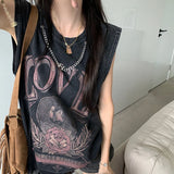 Anokhinaliza Dark Gothic Punk American Distressed Washed Distressed Tank Top T-shirt Women's Summer Loose Sleeveless Print Top Y2K Streetwear