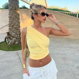 Anokhinaliza Y2K Casaul Solid Color Summer Women T Shirt Pullover Slash Neck One Shoulder Sleeveless Crop Tops Ruched Slim Basic El