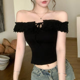 Anokhinaliza Off-shoulder Ruffled Lace Up Sexy Slim Short-sleeved T-shirt Women  Summer New Korean Solid Color All Match Crop Tops