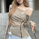 Anokhinaliza Vintage One Shoulder Knit Slim Fit Irregular Hem T Shirt Korean Grunge Y2K Crop Tops Summer Ruched Long Sleeve Tees Shirt