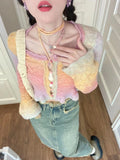 Anokhinaliza Y2K Aesthetic Rainbow Cropped Cardigan Women Harajuku Vintage Hollow Out Knitted Sweater Korean Slim Flare Sleeve Tops