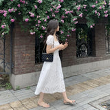 Anokhinaliza Summer Korean Chic White Midi Dress Women Elegant French Hollow Out Sexy Kawaii Vestidos Fashion Casual Short Sleeve Dress