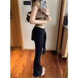 Anokhinaliza High Waist Lace-up Pleated Sexy Slim Wide Leg Pants Women Summer New Korean Solid Color All Match Casual Pants