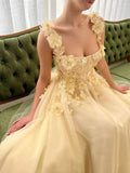 Anokhinaliza Yellow Floral Prom Dresses Lace Applique Tulle with Belt Spaghetti Strap Long Sweep Train Graduation Homecoming Evening Gowns