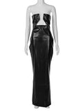 Anokhinaliza 2024 New Fashion PU Leather Dresses for Women Sexy Sleeveless Hollow Out Backless Slim High Slit Long Maxi Evening Party Dress