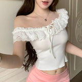 Anokhinaliza Off-shoulder Ruffled Lace Up Sexy Slim Short-sleeved T-shirt Women  Summer New Korean Solid Color All Match Crop Tops