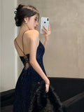 Anokhinaliza Women's Backless V-Neck Split Maxi Dress Sexy Slim Evening Gown Luxury Dresses Fashion Robe Birthday Party Spring Autumn New