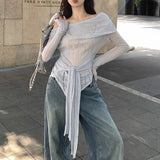 Anokhinaliza Skew Collar Strapless Hollow Sexy Long-sleeved Sweater Women 2024 Autumn New Streetwear Lace-up Casual Irregular Knitted Tops