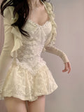 Anokhinaliza Lace France Elegant Two Peice Set Women Bow Korean Fashion Mini Dress Suit Female Long Sleeve Cardigan + Vintage Dress New