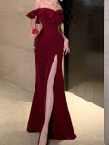 Anokhinaliza Women Bodycon Wedding Evening Party Dresses Sexy High Split Ruffles Strapless Dress Summer Elegant Burgungy Graduation Clothes