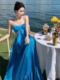 Anokhinaliza Summer Sexy Backless Beach Long Dresses Women's Fashion Blue Halter A-line Party Sundress Elegant Pleated Runway Robe Mujers