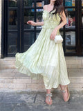 Anokhinaliza Korean Fashion Green Cute Strap Dress Women Sweet Elegant Party Midi Dress Female Chiffon France Boho Beach Dress Summer