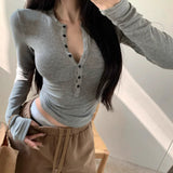 Anokhinaliza Korean Solid Color All Match Long-sleeved T-shirt Women Autumn New Streetwear O-neck Multi-button Sexy Slim Tops