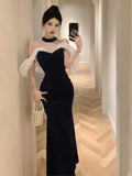 Anokhinaliza Sexy Off Shoulder Evening Party Dress French Elegant Bodycon Velvet Sleeveless Vestidos Robe Women Mesh Patchwork Clothes Summer