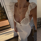 Anokhinaliza Deep V Neck Sexy Dresses Women Sleeveless Slim High Waist Long Dress Femme Elegant Holiday Knitted Beach Dress Woman