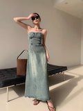 Anokhinaliza American Retro High-End Denim Dress Women'S Top Design Versatile And Unique Slim Fitting Long Skirt