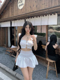 Anokhinaliza Summer New Korean Hollow Single-breasted Ruffled Sexy Camisole Women + High Waist Casual A-line Skirt Two-piece Suit