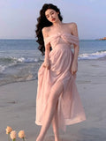 Anokhinaliza France Elegant Backless Chiffon Beach Dresses Korean Chic A-line Pink Fairy Dress Summer Casual Vocation Party Club Vestidos