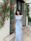 Anokhinaliza New Fashion Summer Floral Sky Blue Holiday Dress French Prairie Ruffles Beach Party Dress Flying Sleeve Print Fairy Photo Dress