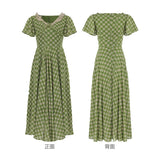 Anokhinaliza Summer Party Dress Women Vintage Elegant Slim Lace V-Neck Green Plaid Long Dress High Waist Birthday Evening Party Midi Dress