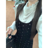 Anokhinaliza 2024 Spring New Stand-up Collar Pleated Lace-up White Long-sleeved Shirt Women + Floral Print Velvet Sling Dress Two-piece Suit