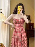 Anokhinaliza Elegant Plaid Midi Dress Women French Vintage Spaghetti Strap A-line Spring Summer Holiday Beach Style Prom Robe Vestidos Mujer