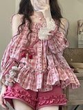 Anokhinaliza Sweet Pink Print Tops Women Japanese Kawaii Lolita Wide Leg Short Sets Female Summer Off Shoulder Lace Up Blouse Two Piece Set