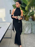 Anokhinaliza Fashion Elegannt Backless Bandage Black Long Dresses for Women 2024 Halter Neck Off Shoulder Bodycon Shiny Party Evening Dress