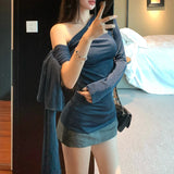 Anokhinaliza Skew Collar Strapless Sexy Slim Irregular Long-sleeved T-shirt Women 2024 Summer New High Street Solid Color Casual Pleated Tops