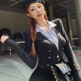 Anokhinaliza Fake Two-piece Multi-button Casual Long-sleeved Cardigan Women 2024 Autumn New Polo Collar Contrast Color Patchwork Knitted Tops