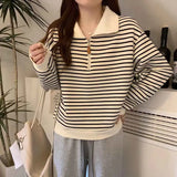 Anokhinaliza Autumn Stripe Zipper Pullover Women Fashion Loose Simple Soft Turndown Collar Long Sleeve Top Korean Preppy All Match Sweatshirt