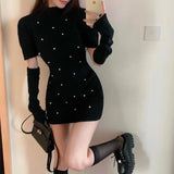 Anokhinaliza Streetwear Beaded Solid Color Puff Sleeve Dress Women 2024 Spring New Half High Neck Sexy Slim Knitted Mini Dress with Sleeves