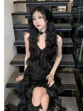 Anokhinaliza Japanese Sexy Dark Sleeveless V-neck Women Dresses Cascading Ruffles Asymmetrical Femme Robe Harajuku 2024 Summer Camisole Dress